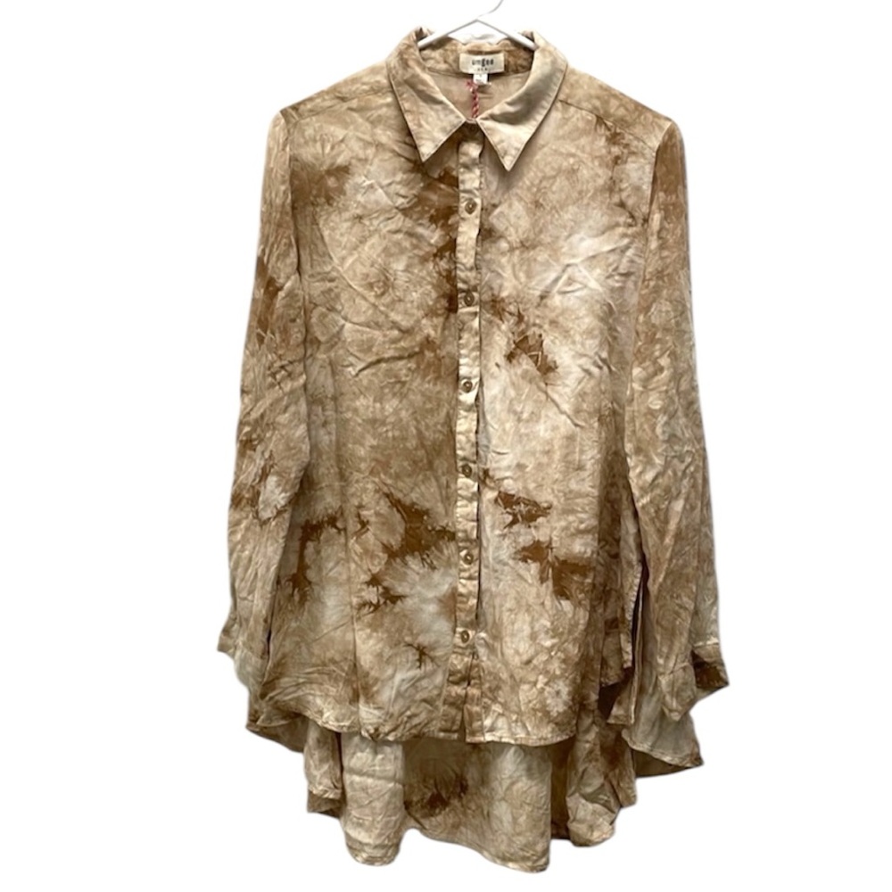 Umgee Tie Dye Tan/White Long Sleeve Button Down Shirt
